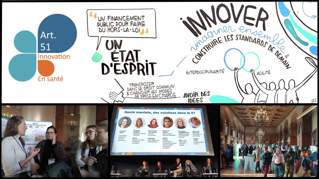 Logo de l'article 51, illustrations réalisées le jour même et photos de la manifestation